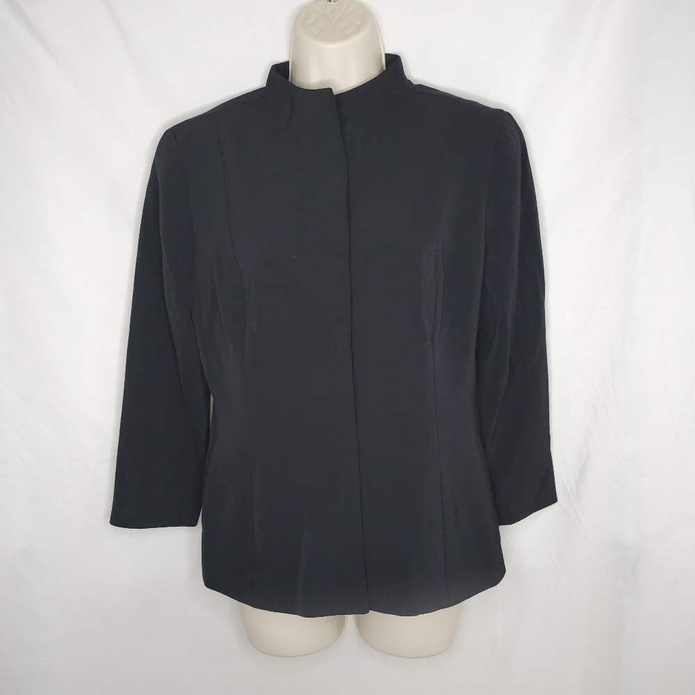 Vintage Jenne Maag Black Mandarin Collar Hidden Snap Front Wool Blend Blazer M